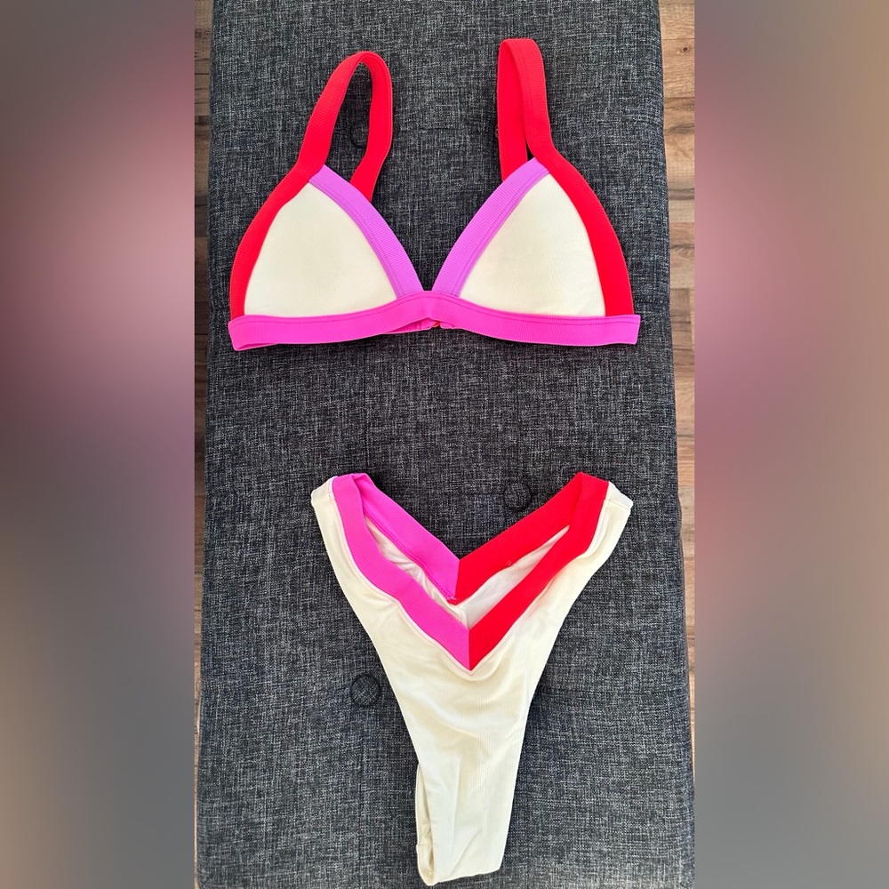 NWOT. Stylish White, Red and Pink Bikini Set